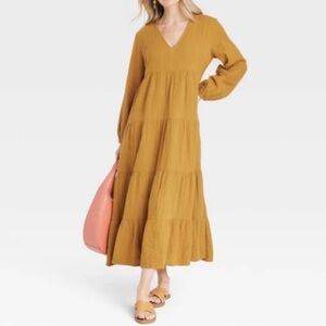 Universal Thread Mustard Yellow Cotton Gauze Tired Ruffle Maxi Dress
